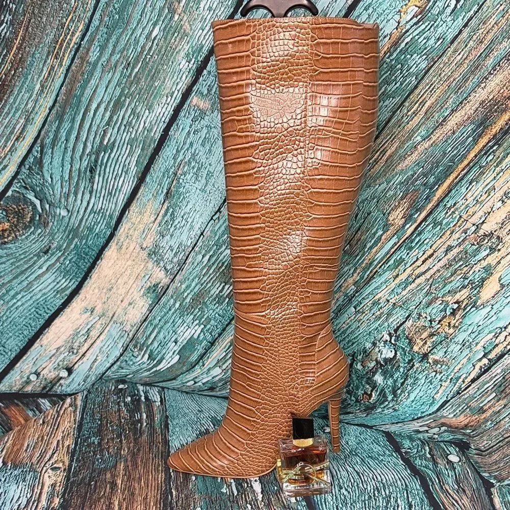 * Charles David Tan Crocodile-Embossed Heeled Boots